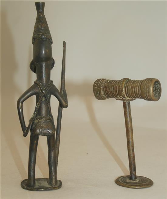 A Benin bronze figure of a warrior, 4.5in.